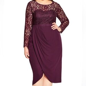 City Chic NWT Elegant Lace Midi Dress Bordeaux Long Sleeve Draped Skirt -Size 18